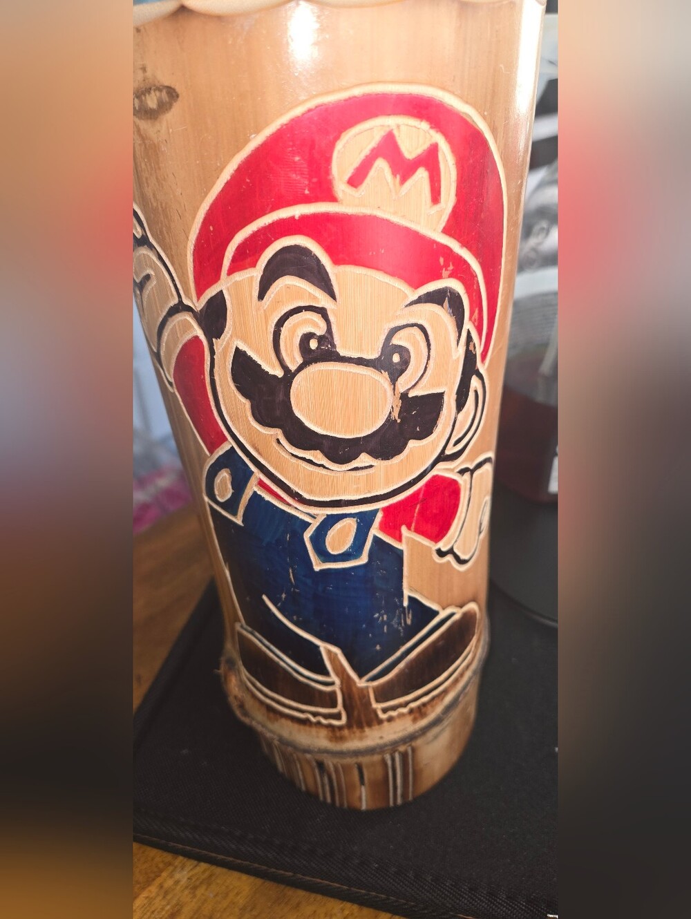 Hand-Carved Bamboo Big Cup with Mario Character Design